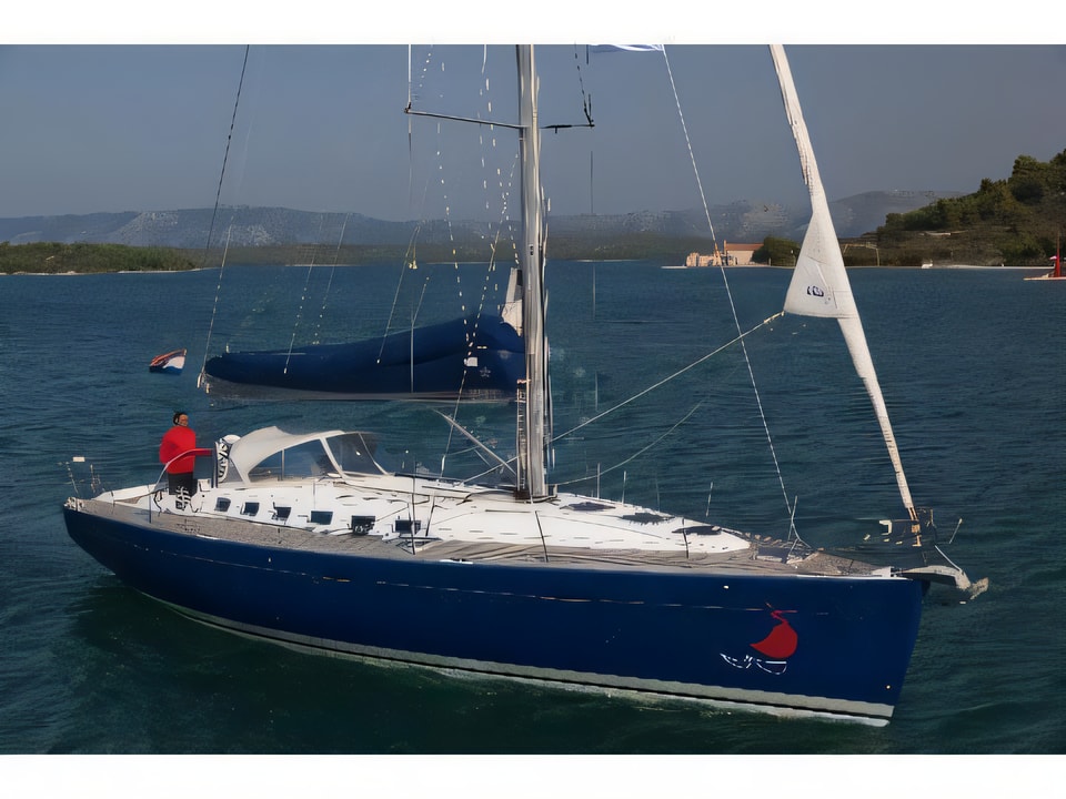 Exterior overview of First 47.7 sail boat for charter from Murter Marina Hramina in the Sibenik sailing area Croatia