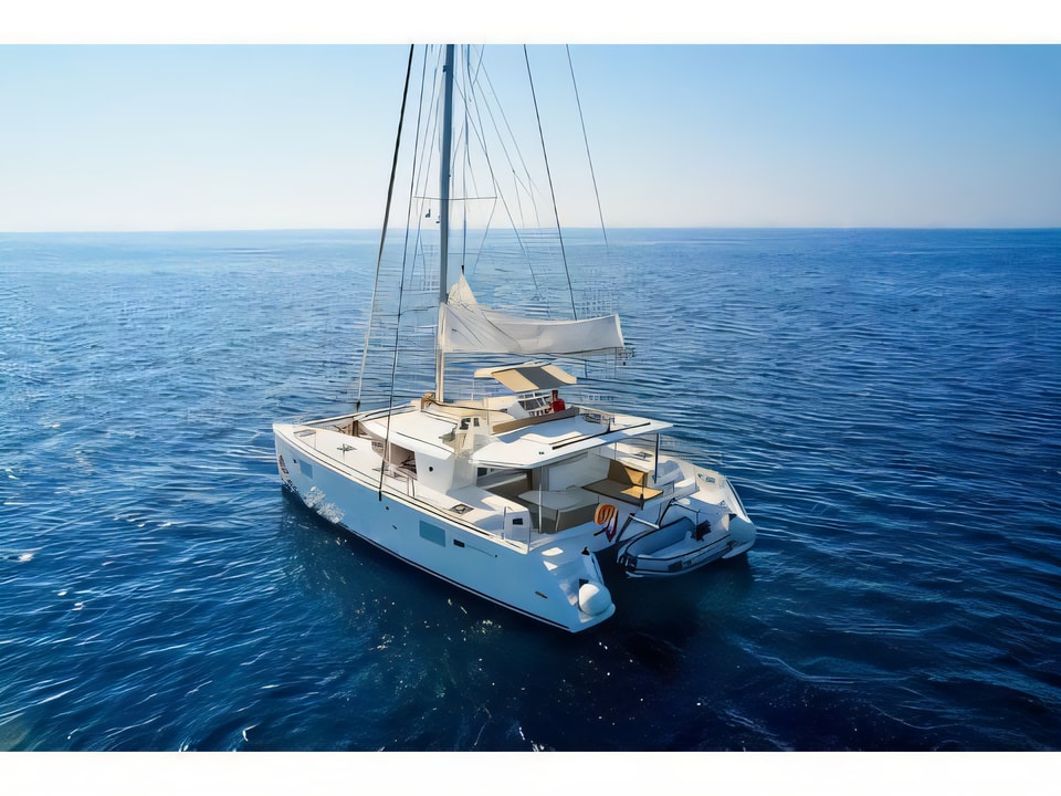 Exterior overview of Lagoon 450 catamaran for charter from Murter Marina Hramina in the Sibenik sailing area Croatia