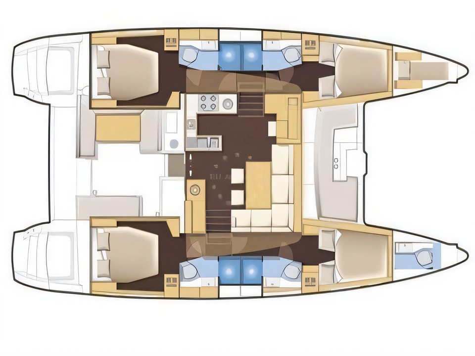 Layout of Lagoon 450 catamaran with 4 cabins Croatia yacht charter