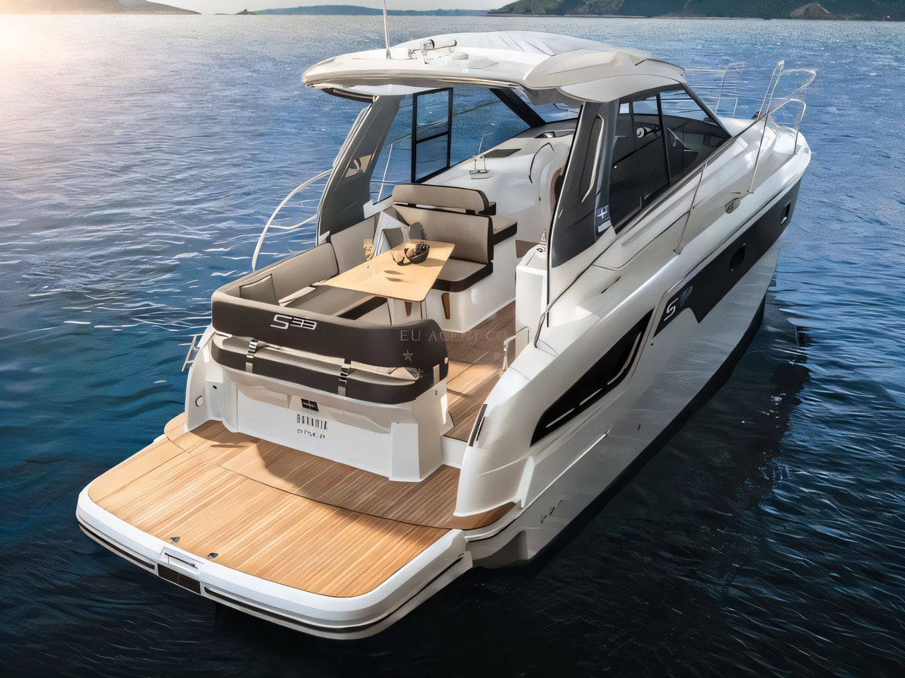 Exterior overview of Bavaria S33 HT motor boat for charter from Biograd Kornati in the Zadar sailing area Croatia