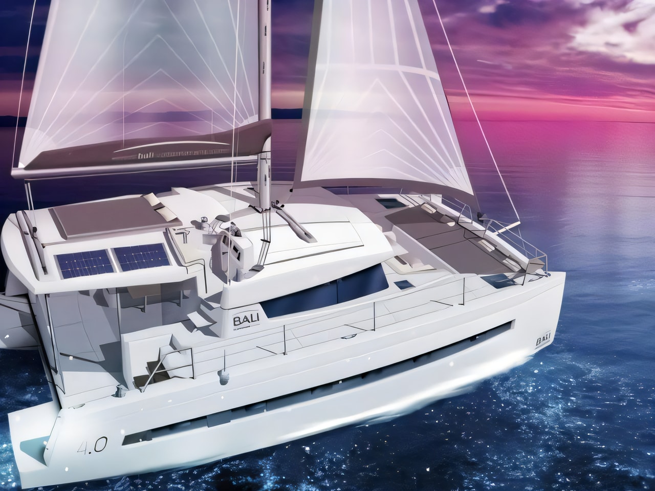 Exterior overview of Bali 4.0 catamaran for charter from Kastela Gomilica Marina in the Split sailing area Croatia