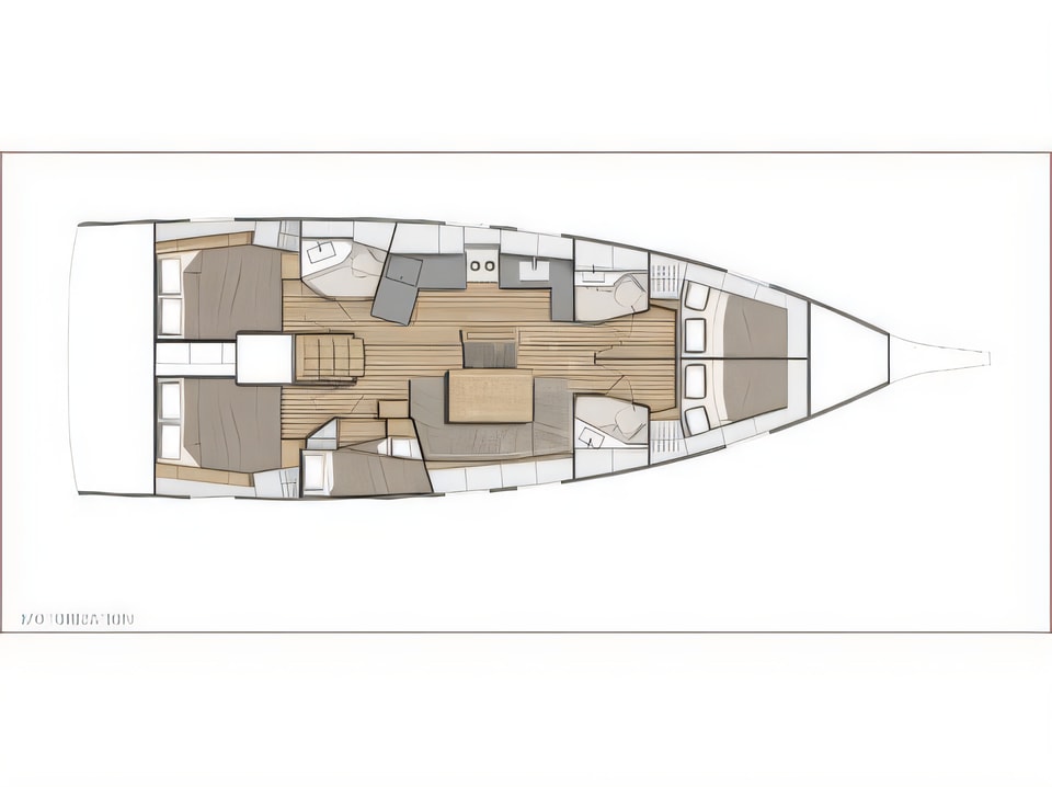 Layout of Oceanis 46.1 sail boat with 5 cabins Croatia yacht charter