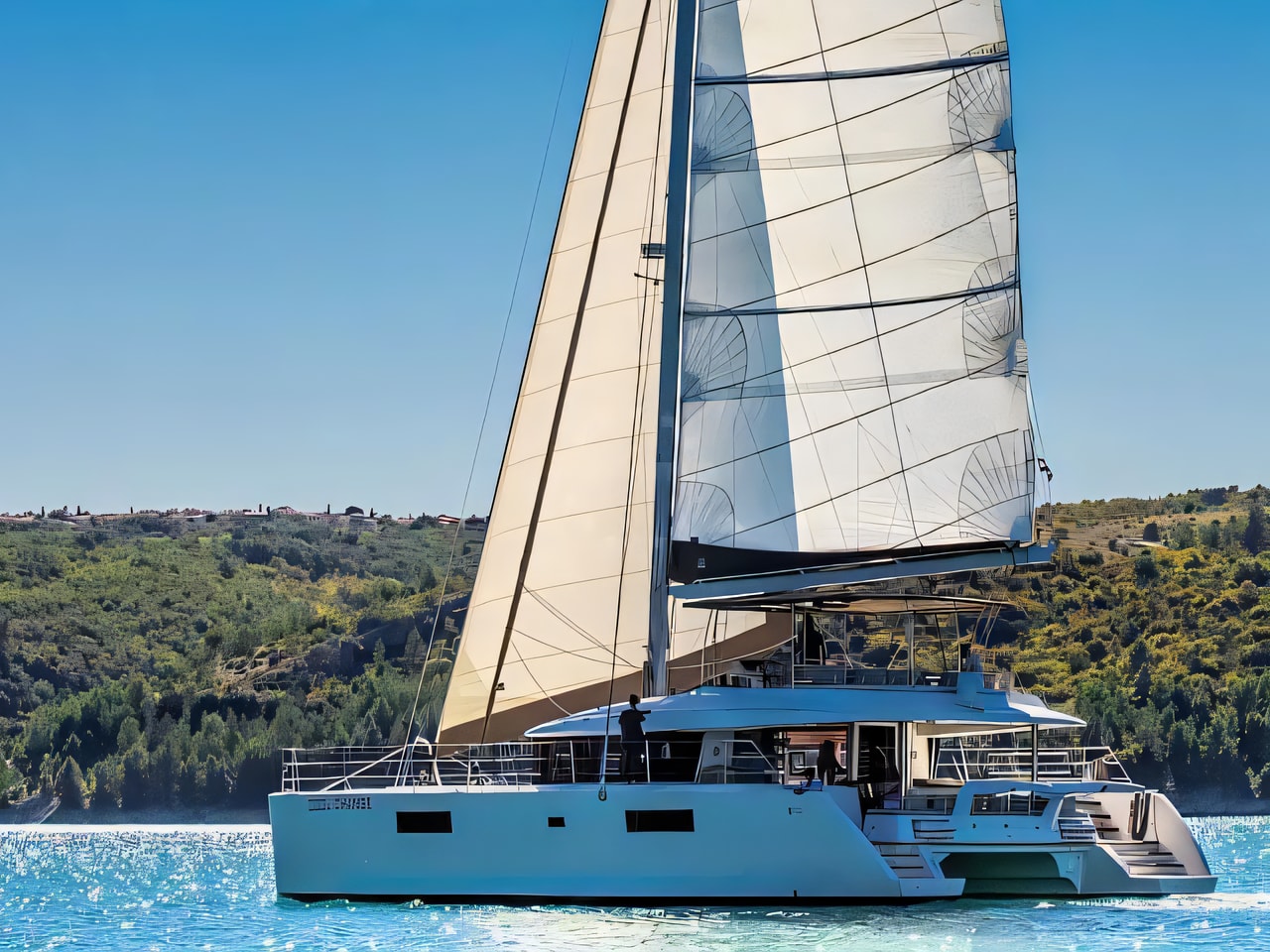 Exterior overview of Lagoon 560 catamaran for charter from Agana Marina in the Split sailing area Croatia