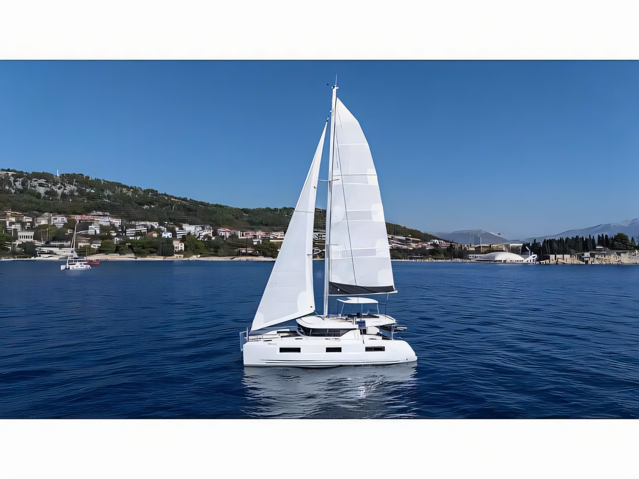 Exterior overview of Lagoon 46 catamaran for charter from Rogoznica Marina Frapa in the Kornati sailing area Croatia