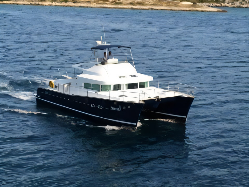 Exterior overview of Lagoon Powercat 43 power catamaran for charter from Primosten Marina Kremik in the Sibenik sailing area Croatia