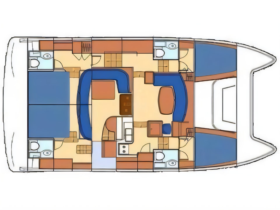 Layout of Lagoon Powercat 43 power catamaran with 4 cabins Croatia yacht charter