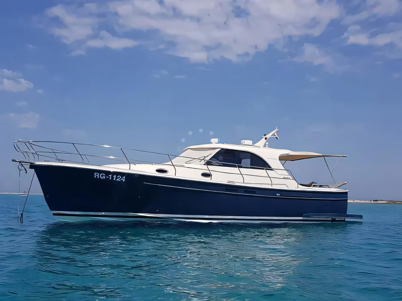 Exterior overview of Adriana 44 motor boat for charter from Zadar Marina in the Kornati sailing area Croatia