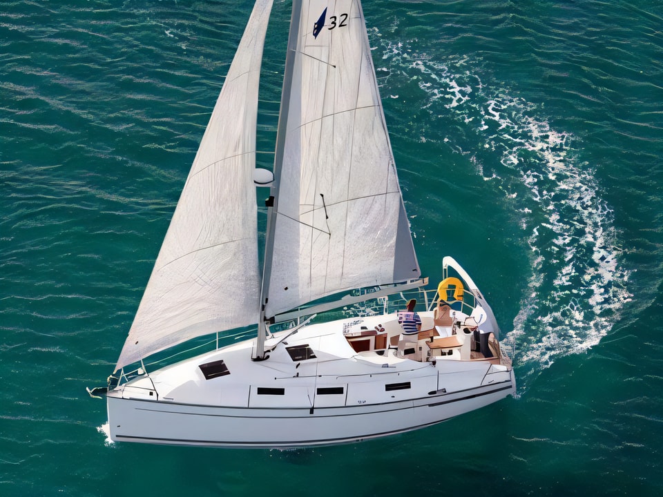 Exterior overview of Bavaria 32 Cruiser sail boat for charter from Biograd Marina Sangulin in the Kornati sailing area Croatia