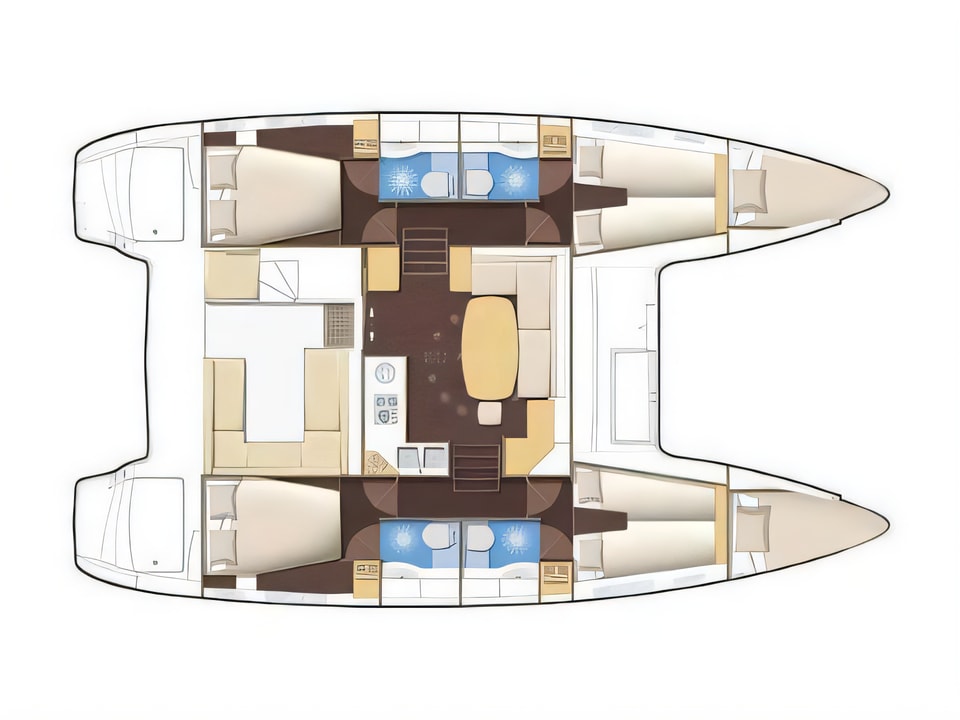 Layout of Lagoon 400 catamaran with 6 cabins Croatia yacht charter