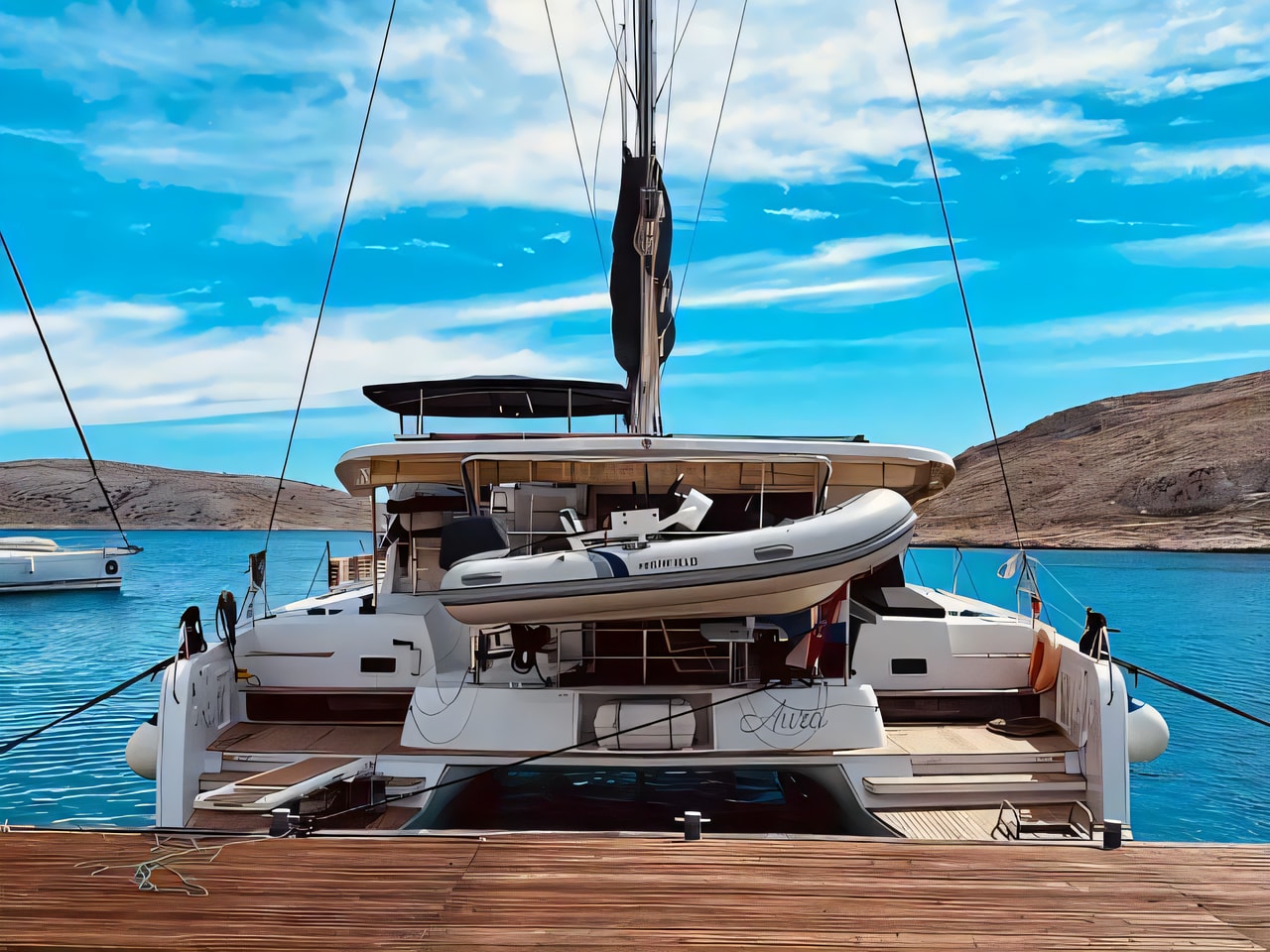 Exterior overview of Lagoon 42 catamaran for charter from Dubrovnik ACI Marina in the Dubrovnik sailing area Croatia