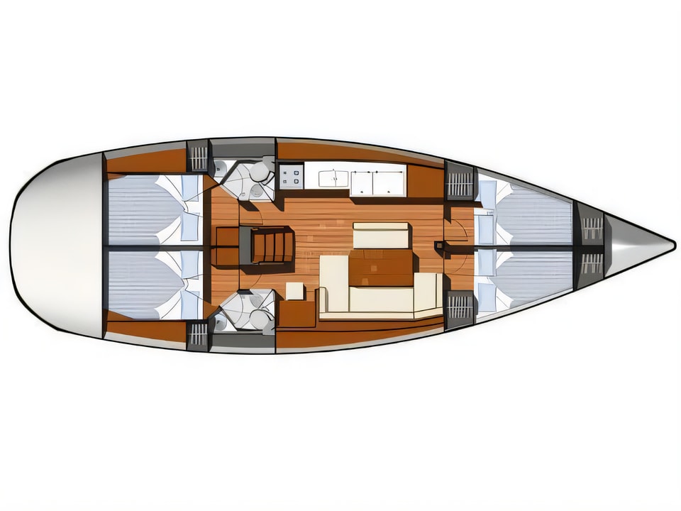 Layout of Sun Odyssey 44i sail boat with 4 cabins Croatia yacht charter