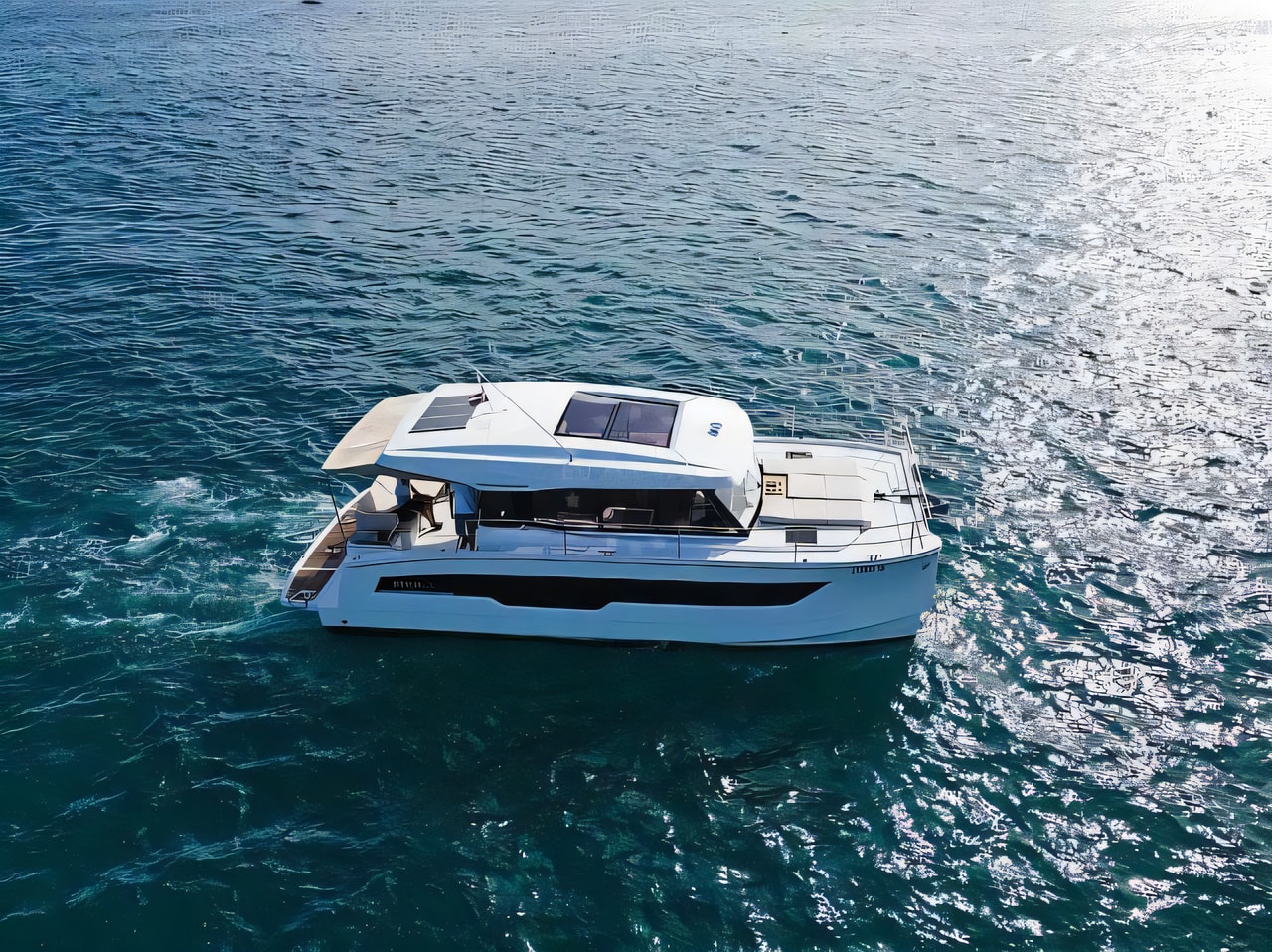 Exterior overview of Fountaine Pajot MY4.S power catamaran for charter from Seget Donji Marina Baotic in the Split sailing area Croatia
