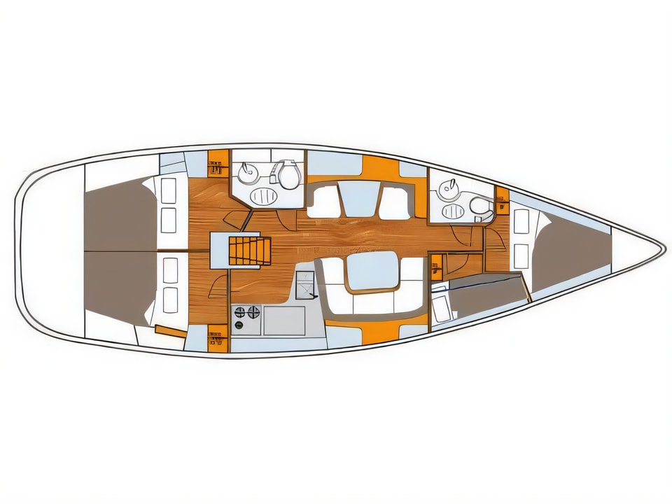 Layout of Sun Odyssey 43DS sail boat with 4 cabins Croatia yacht charter