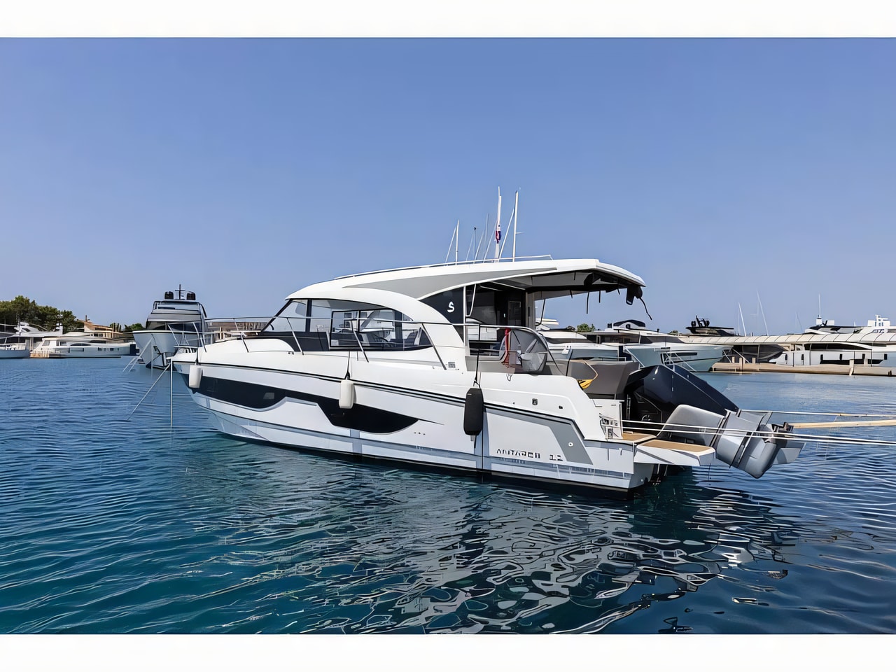 Exterior overview of Antares 11 OB motor boat for charter from Rogoznica Marina Frapa in the Kornati sailing area Croatia