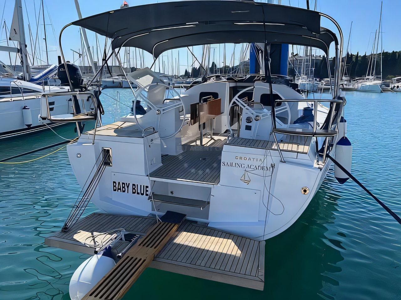 Exterior overview of Elan Impression 45.1 sail boat for charter from Pula Marina Polesana in the Istria / Kvarner sailing area Croatia