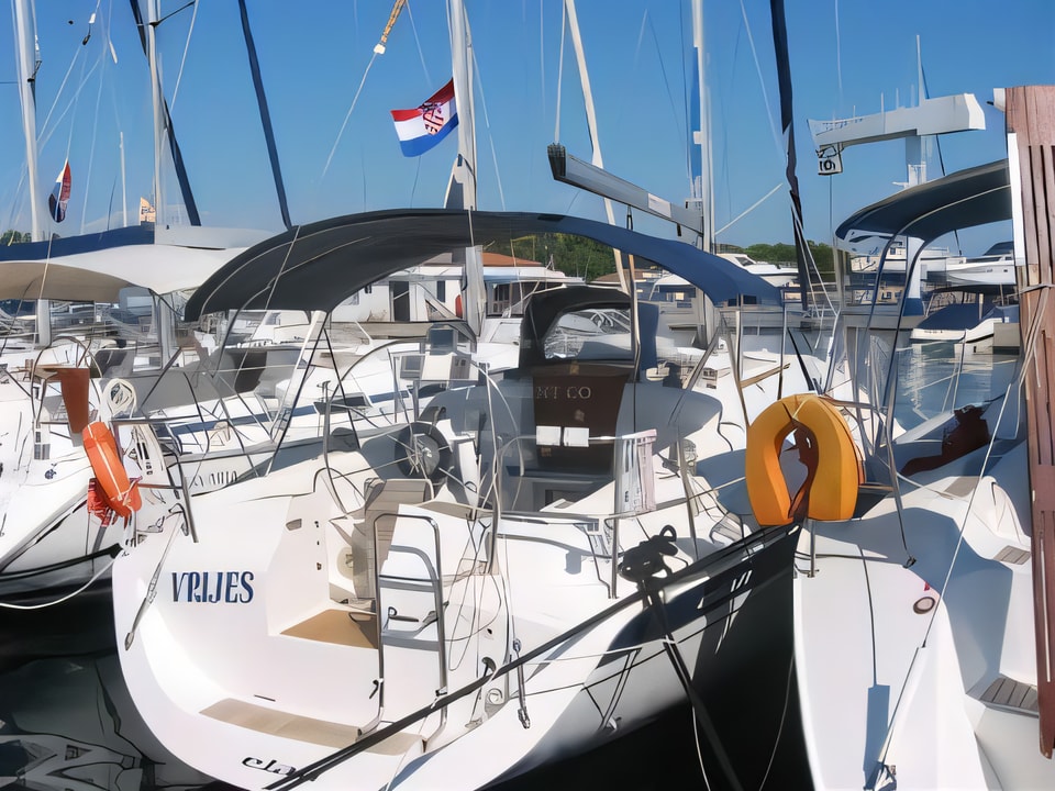 Exterior overview of Elan 36 sail boat for charter from Vodice ACI Marina in the Sibenik sailing area Croatia