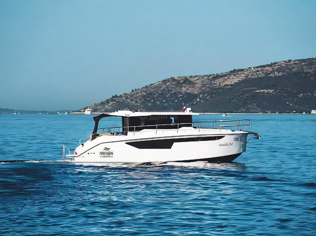 Exterior overview of Nikhen Aqua Sun 34 motor boat for charter from Seget Donji Marina Baotic in the Split sailing area Croatia
