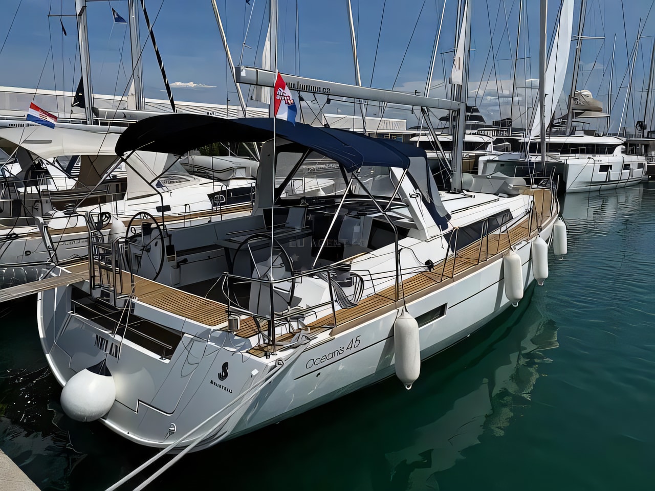 Exterior overview of Oceanis 45 M sail boat for charter from Sukosan Marina Dalmacija in the Zadar sailing area Croatia