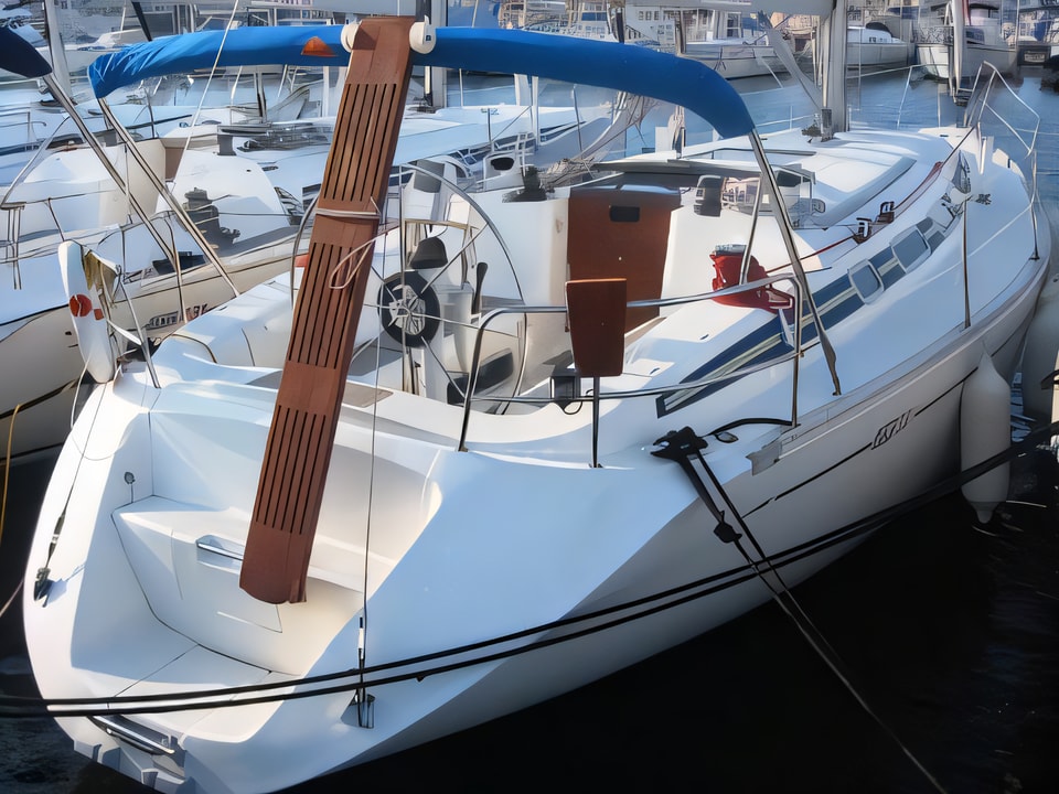 Exterior overview of Elan 38 sail boat for charter from Vodice ACI Marina in the Sibenik sailing area Croatia