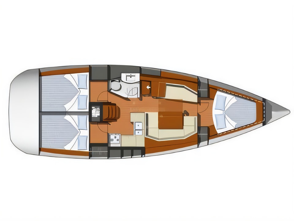 Layout of Sun Odyssey 39i sail boat with 3 cabins Croatia yacht charter