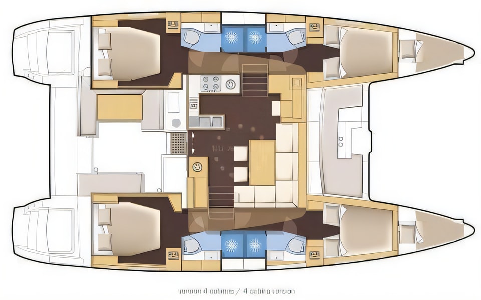 Layout of Lagoon 450 catamaran with 6 cabins Croatia yacht charter