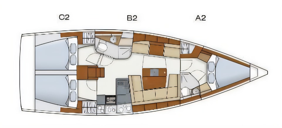 Layout of Hanse 415 sail boat with 3 cabins Croatia yacht charter