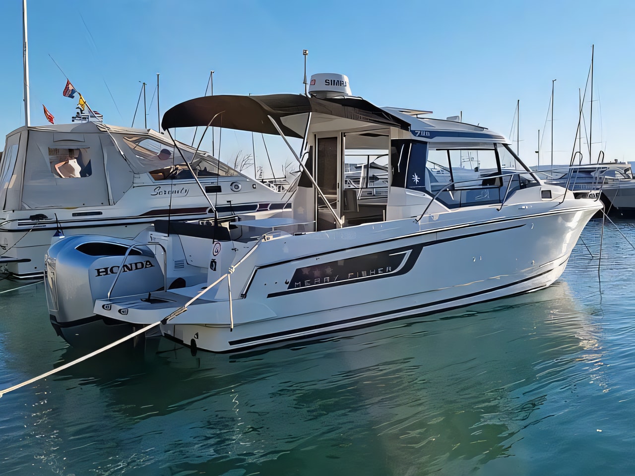 Exterior overview of Merry Fisher 795 motor boat for charter from Biograd Kornati in the Zadar sailing area Croatia