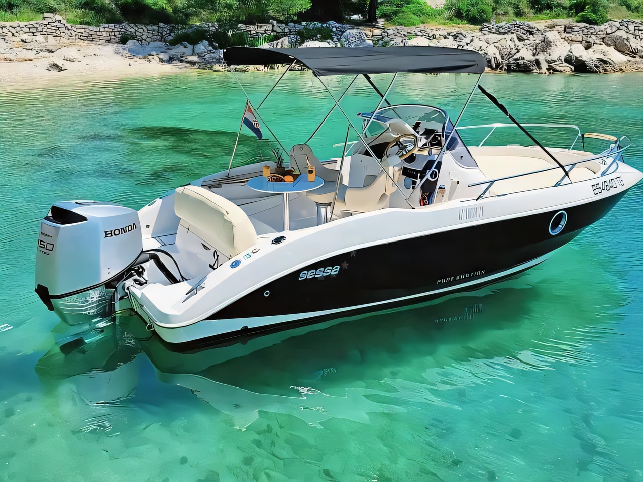 Exterior overview of Sessa Marine Key Largo 20 motor boat for charter from Trogir City Port in the Split sailing area Croatia