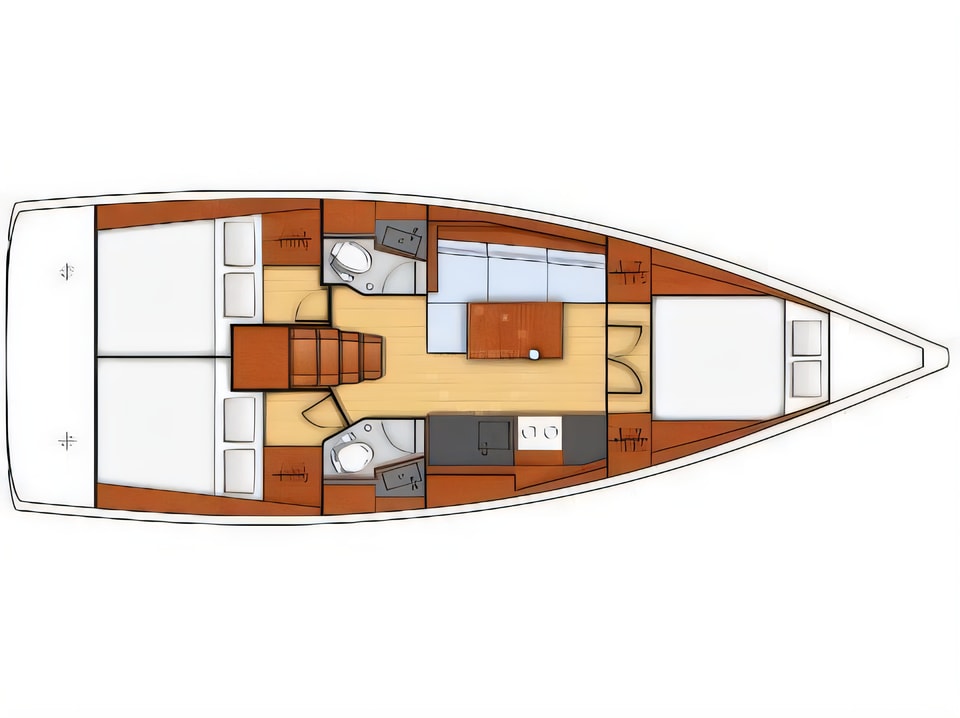 Layout of Oceanis 38.1 sail boat with 3 cabins Croatia yacht charter