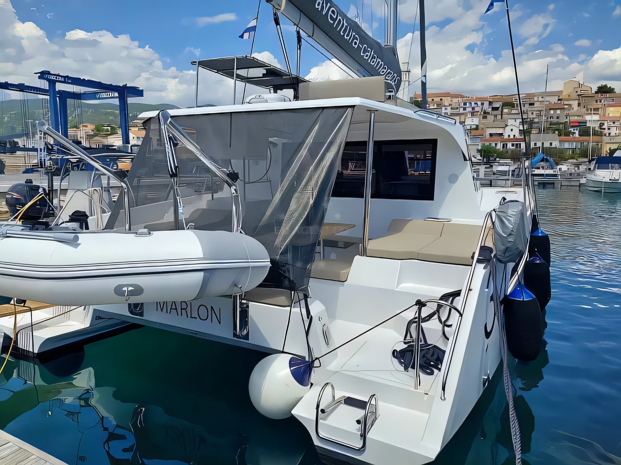 Exterior overview of Aventura 34 catamaran for charter from Vinodolski Novi Marina in the Istria / Kvarner sailing area Croatia
