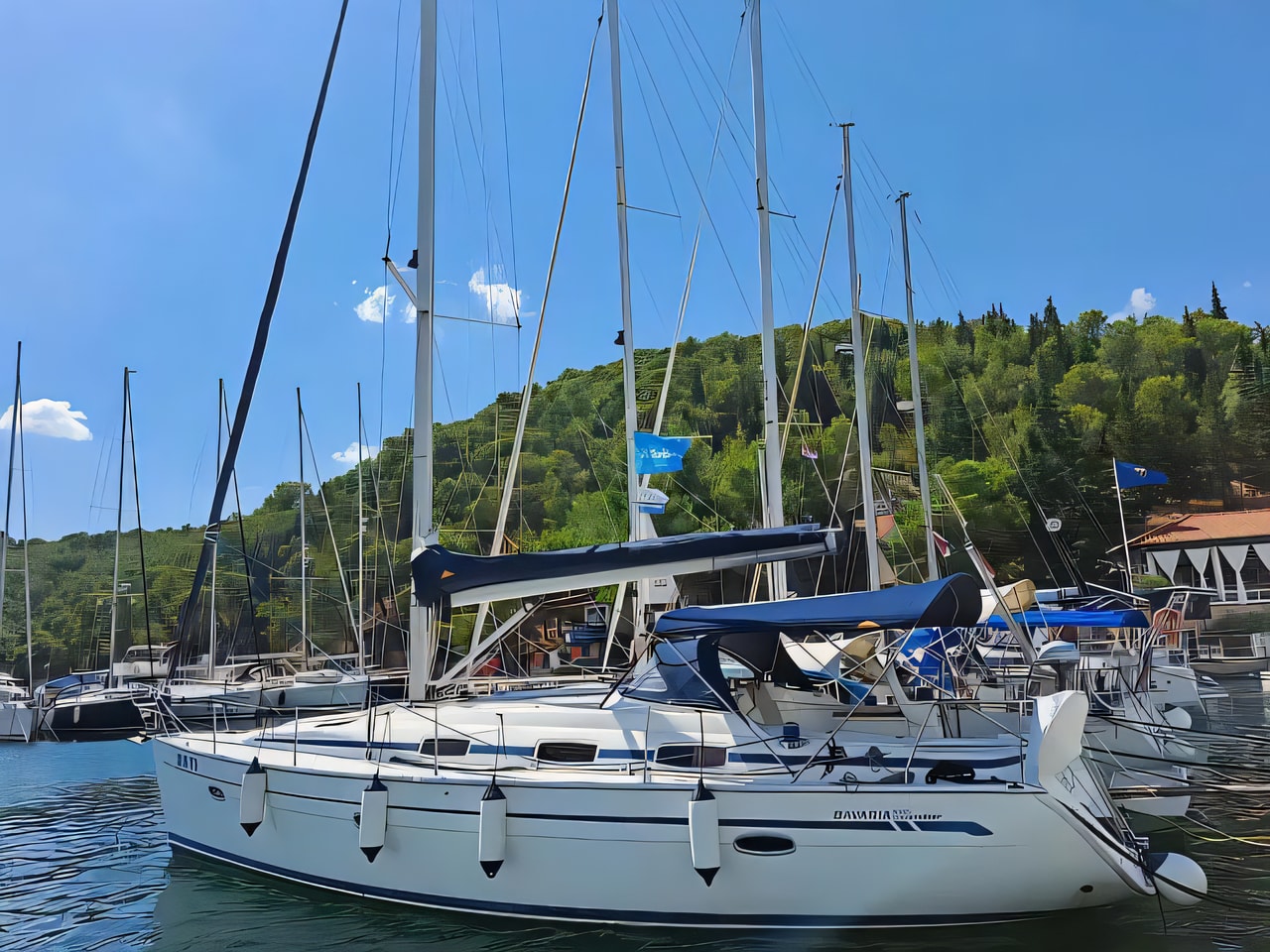 Exterior overview of Bavaria 39 Cruiser sail boat for charter from Vodice ACI Marina in the Sibenik sailing area Croatia