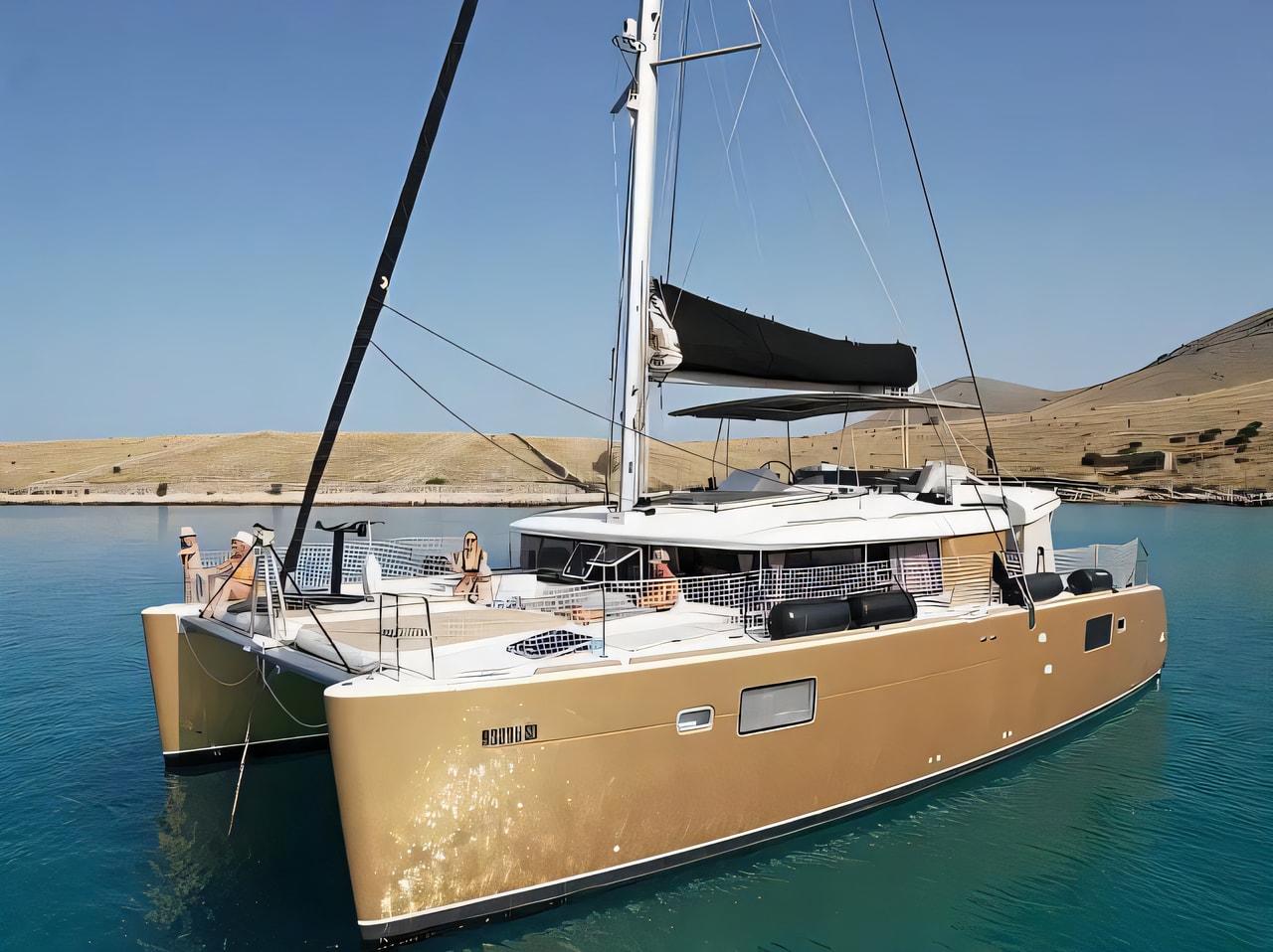 Exterior overview of Lagoon 450 Fly catamaran for charter from Pirovac Marina in the Kornati sailing area Croatia