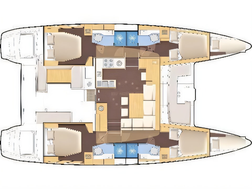Layout of Lagoon 450 catamaran with 6 cabins Croatia yacht charter