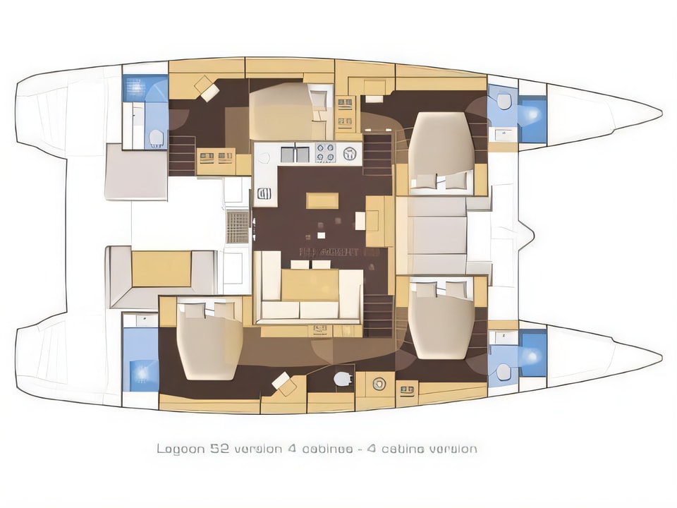 Layout of Lagoon 52-4 catamaran with 4 cabins Croatia yacht charter