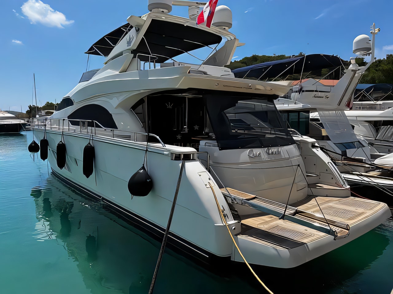 Exterior overview of Dominator 680 S motoryacht for charter from Rogoznica Marina Frapa in the Sibenik sailing area Croatia