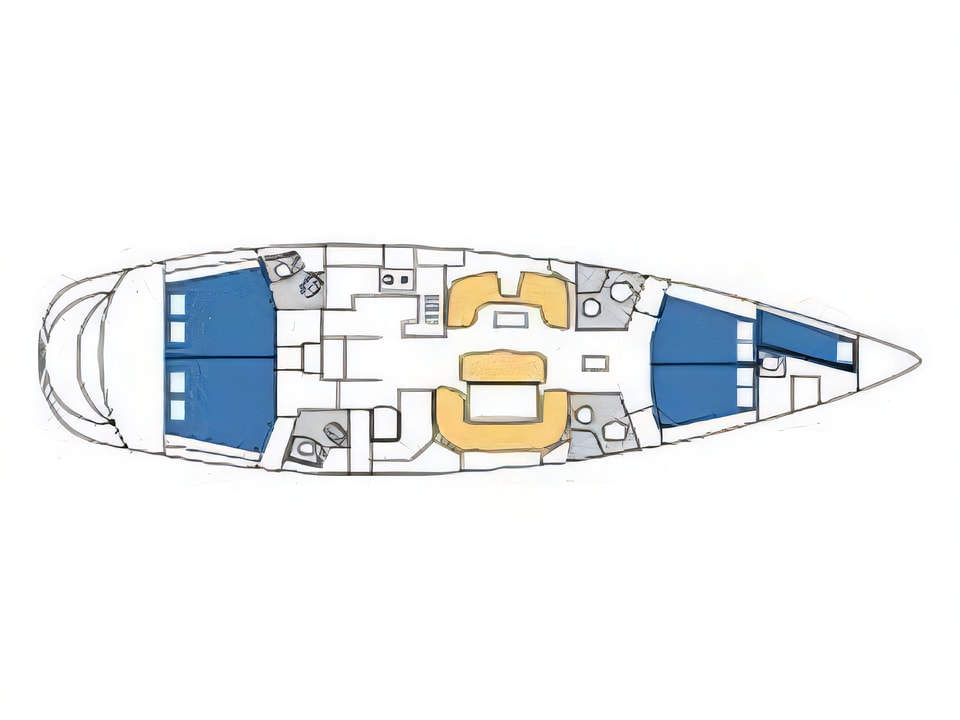 Layout of Sun Odyssey 54DS sail boat with 5 cabins Croatia yacht charter