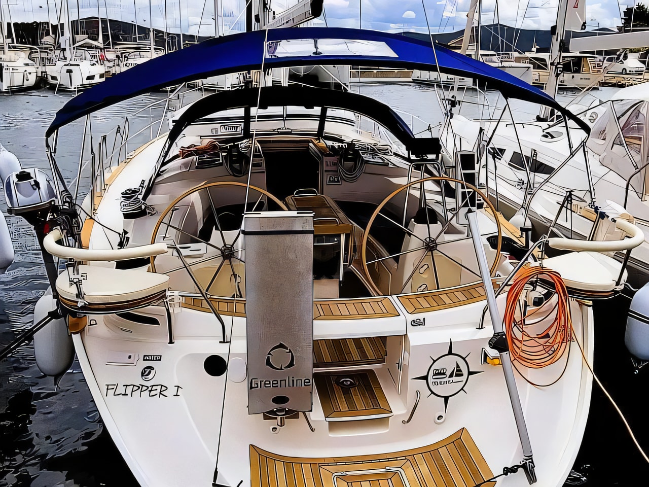 Exterior overview of Bavaria 44 sail boat for charter from Murter ACI Marina Jezera in the Kornati sailing area Croatia