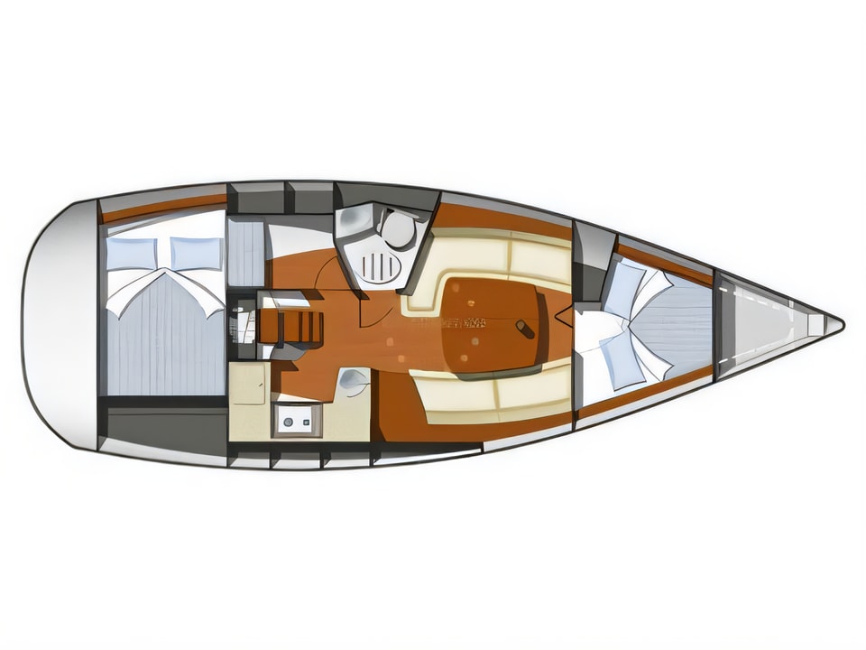 Layout of Sun Odyssey 32i sail boat with 2 cabins Croatia yacht charter