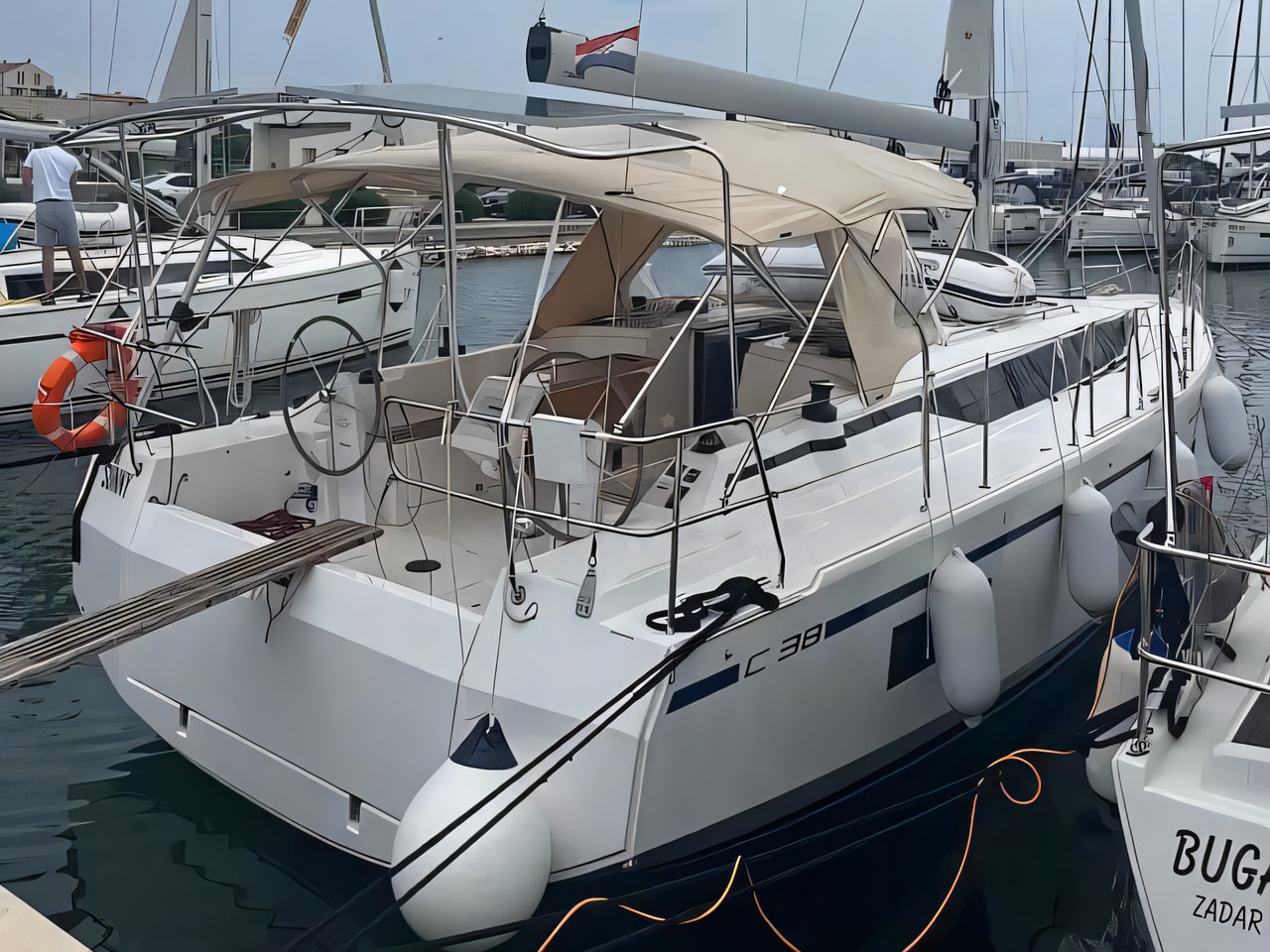 Exterior overview of Bavaria C 38 sail boat for charter from Sukosan Marina Dalmacija in the Kornati sailing area Croatia