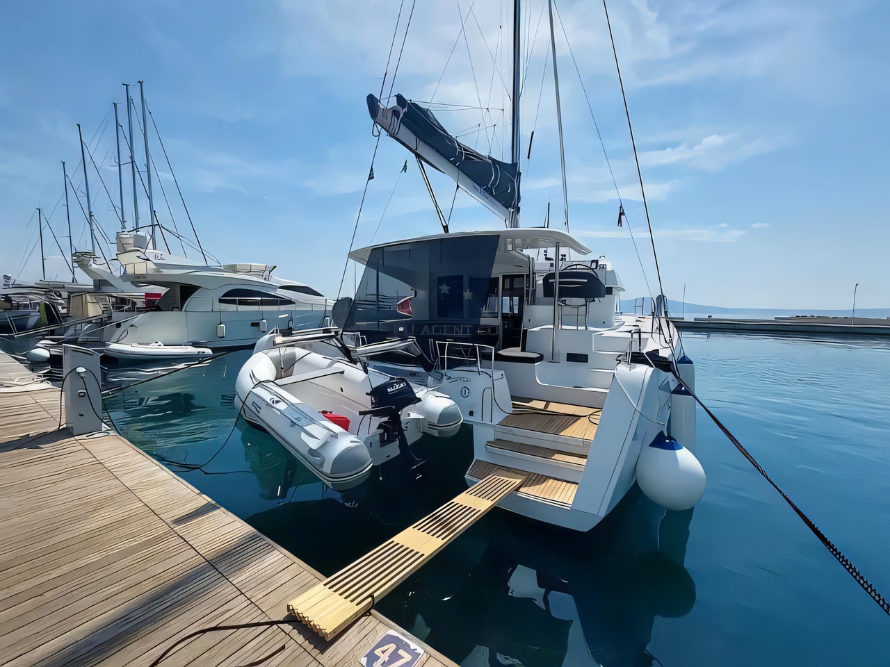 Exterior overview of Lagoon 40 catamaran for charter from Vinodolski Novi Marina in the Istria / Kvarner sailing area Croatia