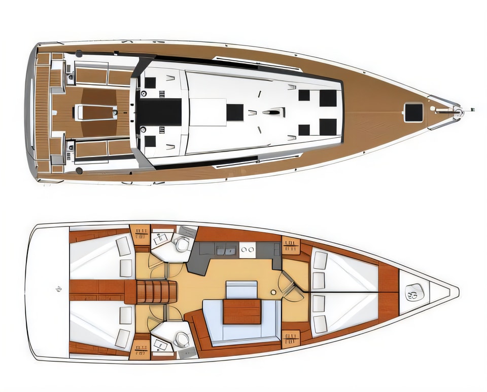 Layout of Oceanis 45 sail boat with 4 cabins Croatia yacht charter