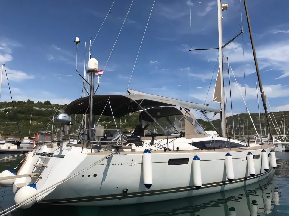 Exterior overview of Jeanneau 57 sail boat for charter from Primosten Marina Kremik in the Sibenik sailing area Croatia