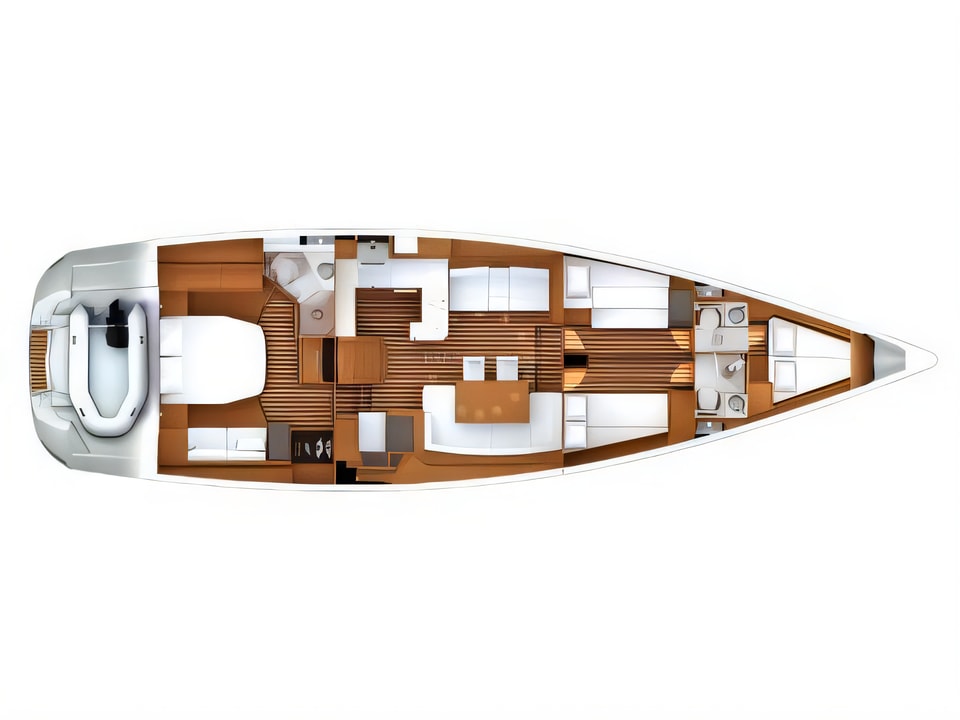 Layout of Jeanneau 57 sail boat with 3 cabins Croatia yacht charter