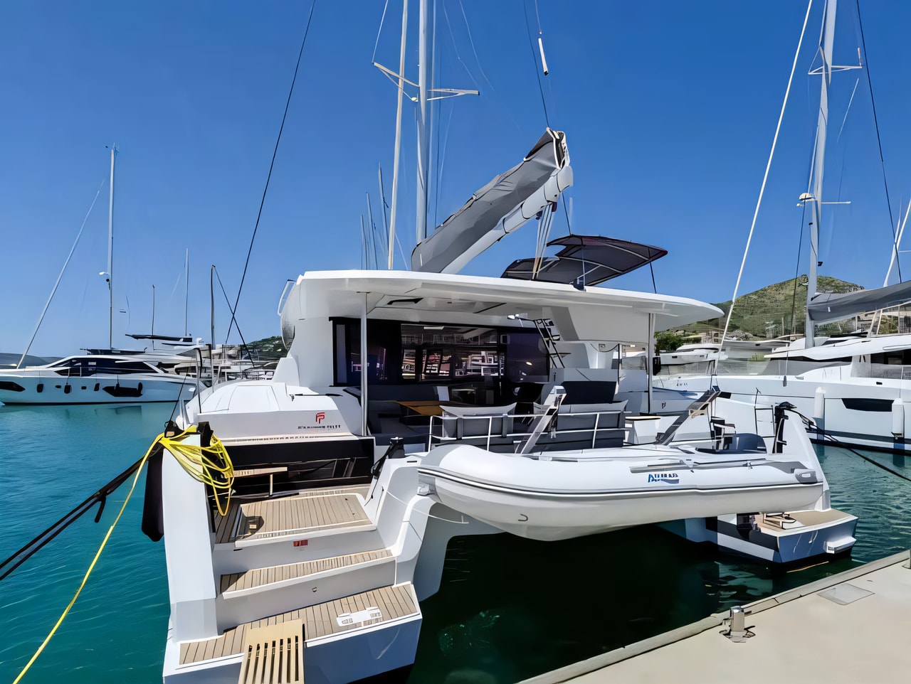 Exterior overview of Astrea 42 catamaran for charter from Seget Donji Marina Baotic in the Split sailing area Croatia