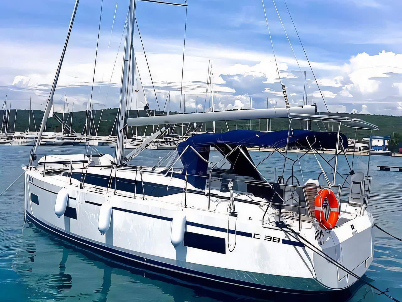 Exterior overview of Bavaria C 38 sail boat for charter from Sukosan Marina Dalmacija in the Kornati sailing area Croatia