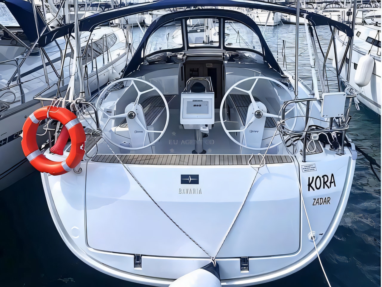 Exterior overview of Bavaria Cruiser 34 sail boat for charter from Sukosan Marina Dalmacija in the Kornati sailing area Croatia