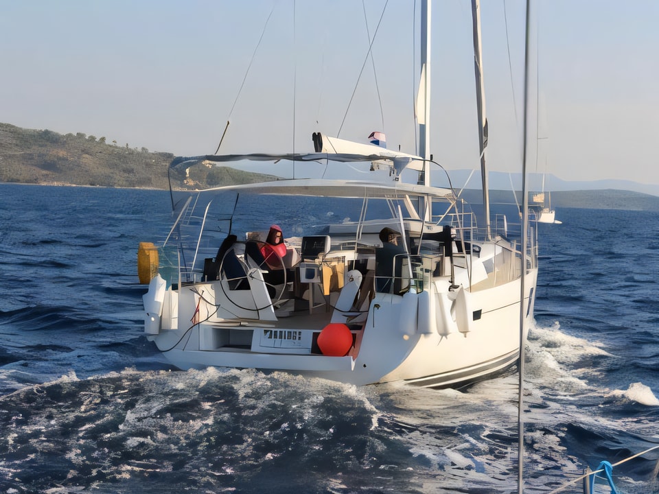 Exterior overview of Hanse 495 sail boat for charter from Kastela Gomilica Marina in the Sibenik sailing area Croatia