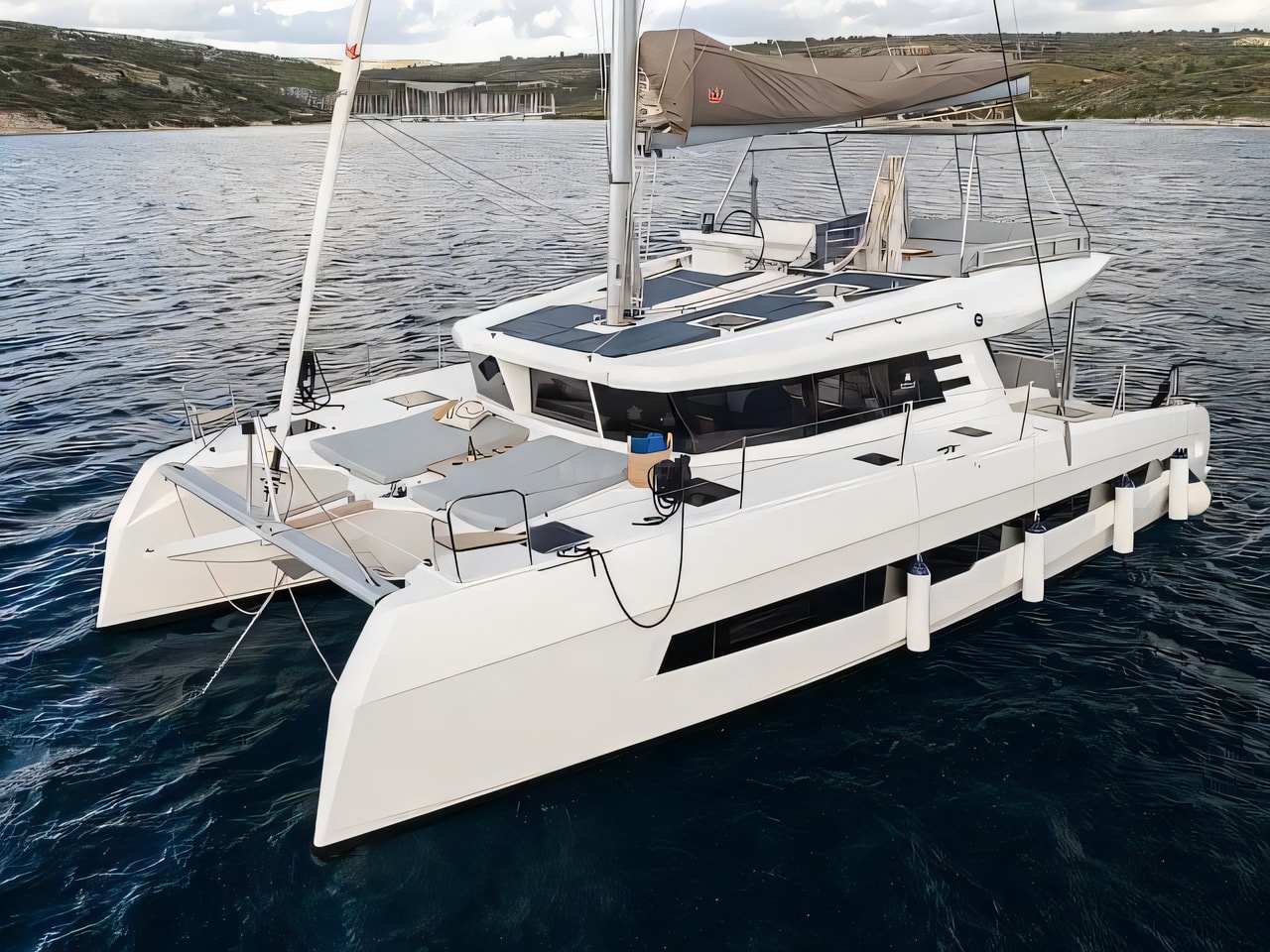 Exterior overview of Cervetti 44 catamaran for charter from Primosten Marina Kremik in the Sibenik sailing area Croatia