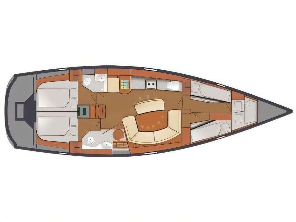 Layout of Delphia 47 sail boat with 5 cabins Croatia yacht charter