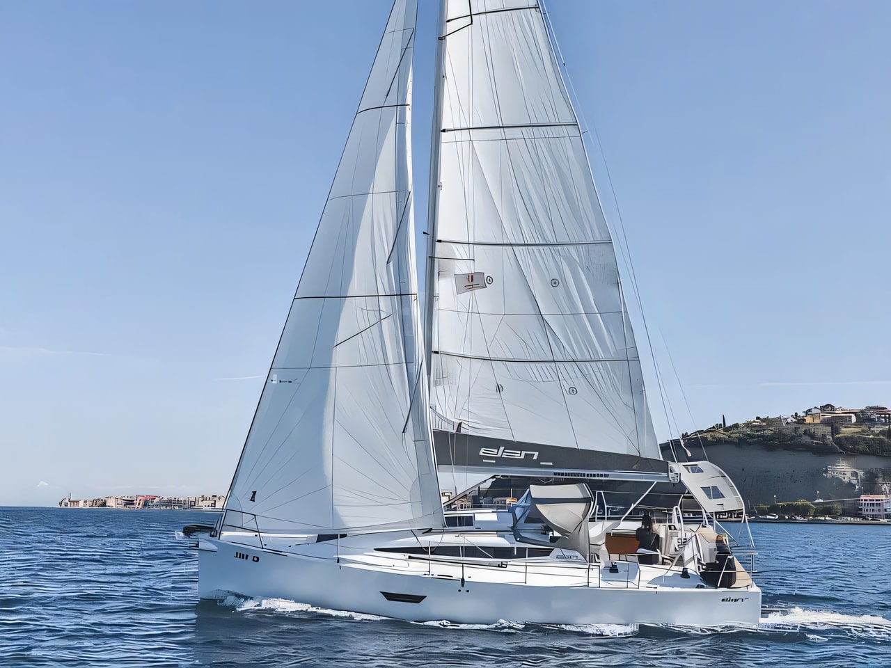Exterior overview of Elan E4 sail boat for charter from Pula Tehnomont Marina Veruda in the Istria / Kvarner sailing area Croatia